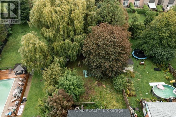 Backyard with pool, deck, trampoline, and trees - 701 Central Park Boulevard N Oshawa