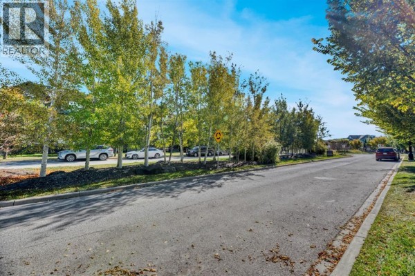 Street view with trees, parked cars, and a paved road in a suburban neighborhood. - 702, 50 Belgian Lane, Cochrane