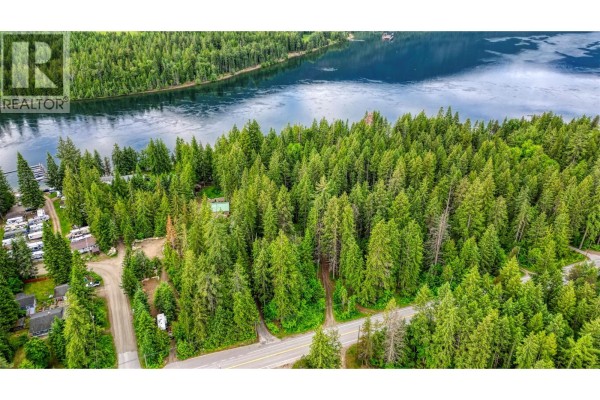 Aerial view of a wooded property with a lake, a road, and glimpses of nearby residences. - 7022 Highway 3a, Balfour