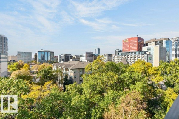 View of Edmonton skyline with trees in the foreground. - #703 9921 104 St Nw, Edmonton