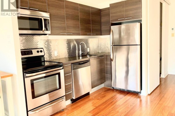 Close-up of a modern apartment kitchen with dark wood cabinets and stainless steel appliances. - 704 - 354 Gladstone Avenue, Ottawa