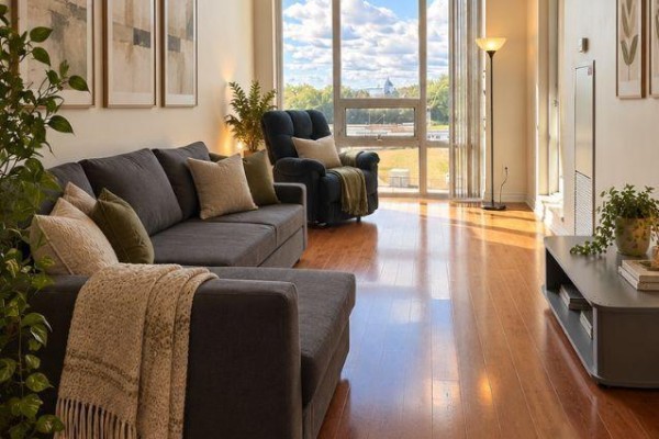 Living room with a dark grey sectional sofa, recliner, and large window with a view. - 705 - 3525 Kariya Drive, Mississauga