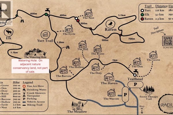Map showing hiking trails, viewpoints, and various cabin locations on the property, labeled with names. - 7058 95 Highway, Radium Hot Springs