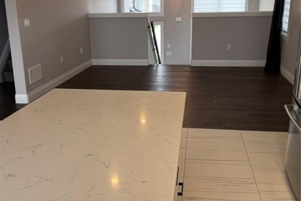 View from a kitchen island showing dark wood floors and a grey wall. - 707 Faleria Street, Lakeshore