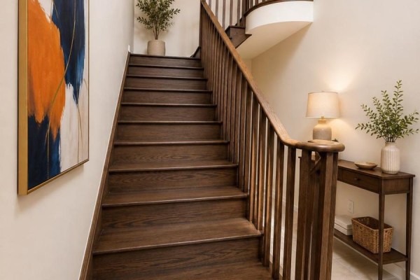 Interior entryway with a staircase, bench, and console table with plants. - 71 Sundin Drive, Haldimand