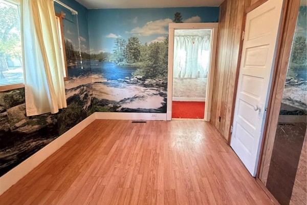 Interior view of a room with wood-look flooring, scenic mural wallpaper, and wood paneling. - 713 Healy Avenue, Radville