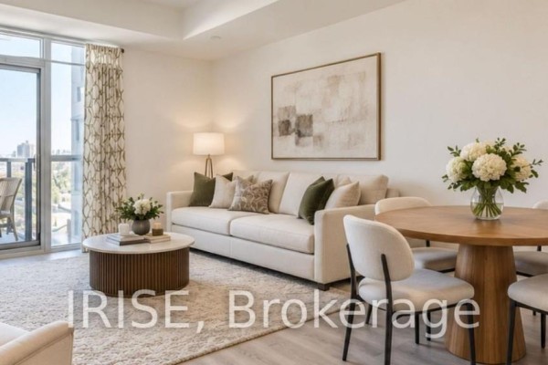 Living area with a light beige sofa, textured pillows, round coffee table, and dining area with wooden table. - 714 - 2300 St. Clair Avenue W, Toronto