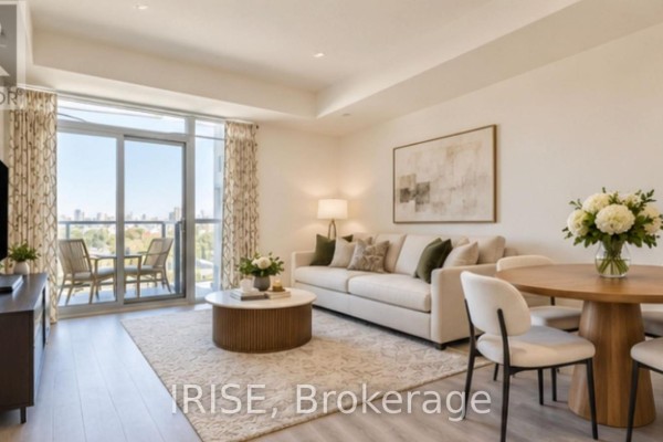 Living room with large windows, a balcony with chairs, and city views, next to the dining area. - 714 - 2300 St. Clair Avenue W, Toronto