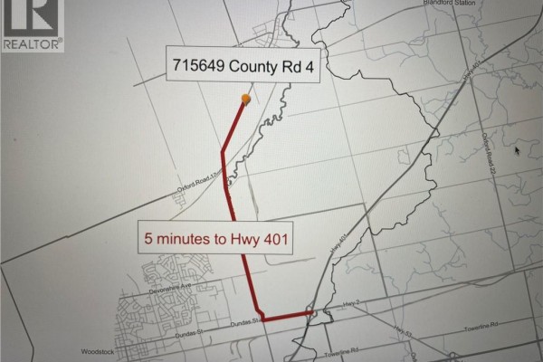 Map displaying a route from 715649 County Rd 4 to Hwy 401, indicating a 5-minute drive. - 715649 County Rd 4 Unit# Part B, Innerkip