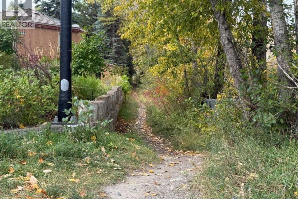 A dirt path winds through trees and foliage, with a wooden retaining wall on the left. - 7219 Bow Crescent Nw, Calgary