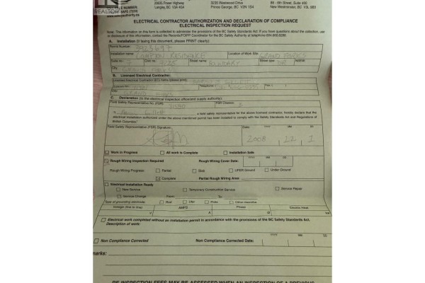 Document titled 'Electrical Contractor Authorization and Declaration of Compliance - Electrical Inspection Request'. - 7225 Boundary Drive Unit# 7, Grand Forks