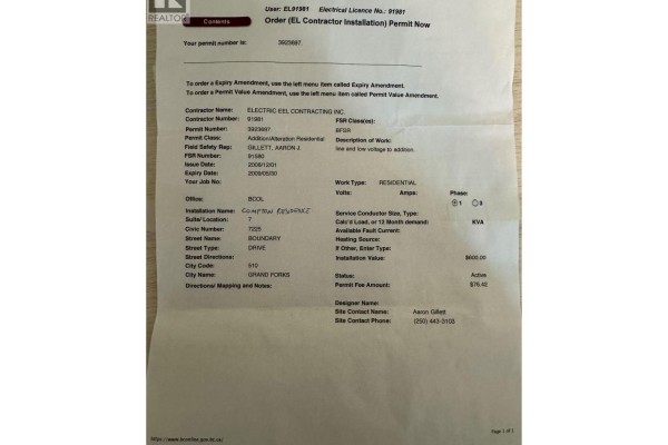 Document titled 'Electrical Licence (EL Contractor Installation) Permit Now' with details of the permit and contractor. - 7225 Boundary Drive Unit# 7, Grand Forks