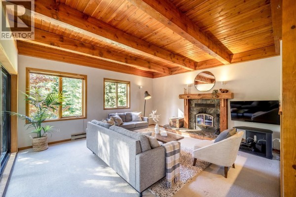 Overhead view of a residential house with a green roof and a large deck with outdoor furniture. - 7231 N Fitzsimmons Road, Whistler