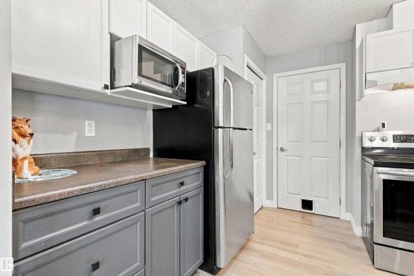 Kitchen with grey and white cabinets, stainless steel appliances, and light wood flooring. - #73 3040 Spence Wd Sw, Edmonton