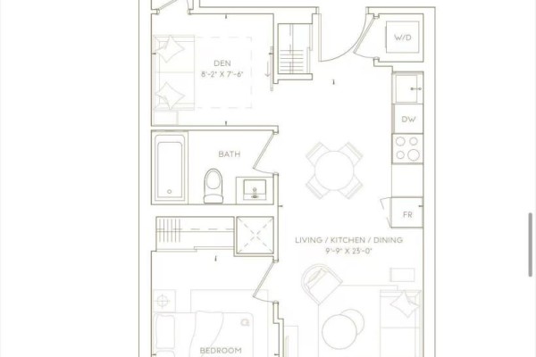 Floor plan showing a one-bedroom apartment with a den, living area, kitchen, and bathroom. - 733 - 91 Montclair Avenue, Toronto