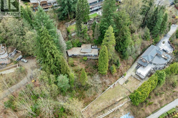 Aerial perspective of 7356 Braeside Drive with neighboring homes and dense greenery. - 7356 Braeside Drive, Burnaby