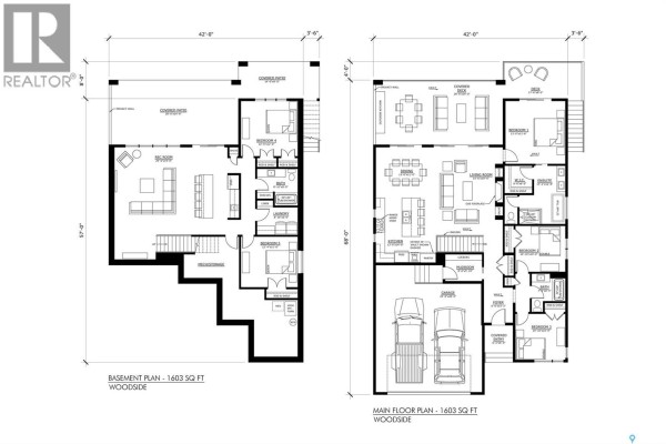 Floor plan layout showing main and basement levels with room dimensions and design features - 74 Aaron Drive, Echo Lake