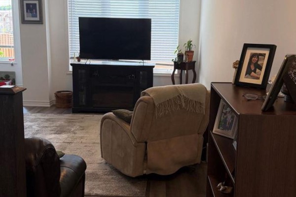 Living room with a recliner, fireplace, television, and a large area rug. - 74 Forestwalk Street, Kitchener