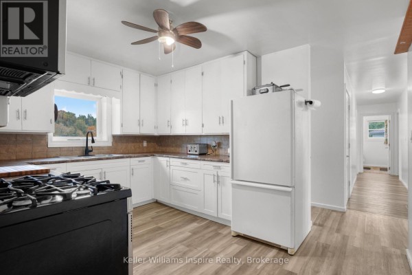 Kitchen featuring white cabinets, a white refrigerator, tile backsplash, and a ceiling fan. - 7437 A Hwy 620, Limerick