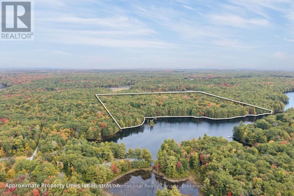 Aerial view showing a large wooded property with a white outline, bordering a dark lake. - 75 Dora Creek Lane, Seguin