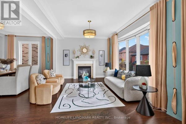 Living room with a bay window overlooking the street, a fireplace, and decorative curtains. - 75 Estrella Crescent, Richmond Hill