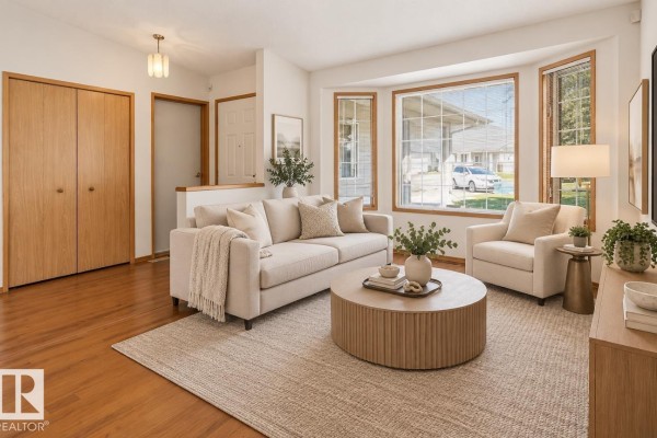 Bright living room with a beige sofa, armchair, round coffee table, and large bay windows. - 7527 138a Av Nw, Edmonton
