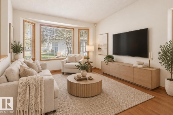Living room with a large television, media console, sofa, armchair, and bay window view. - 7527 138a Av Nw, Edmonton