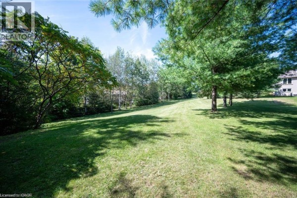 Grassy backyard with mature trees, shadows from sunlight filtering through the leaves, and a view of a house. - 7537 Wellington Rd 36, Puslinch