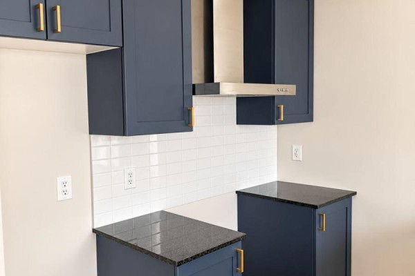 Kitchen with navy blue cabinets, white subway tile backsplash, and granite countertops. - 755 Haflinger Row, Ottawa