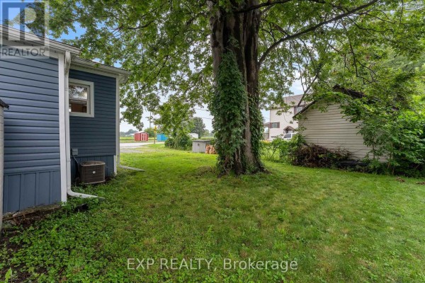 Side view of blue house with tree and lawn - 76 Bell Street Port Colborne