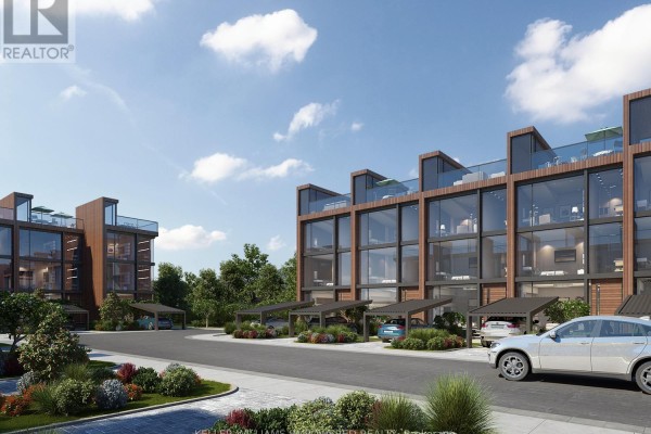Street view of a townhouse development with modern design and landscaped surroundings. - 76 Covered Bridge Trail, Bracebridge)