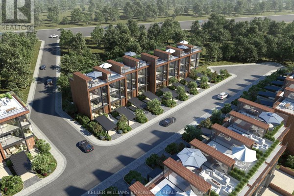 Overhead view of a street lined with modern townhouses, featuring balconies and carports. - 76 Covered Bridge Trail, Bracebridge)