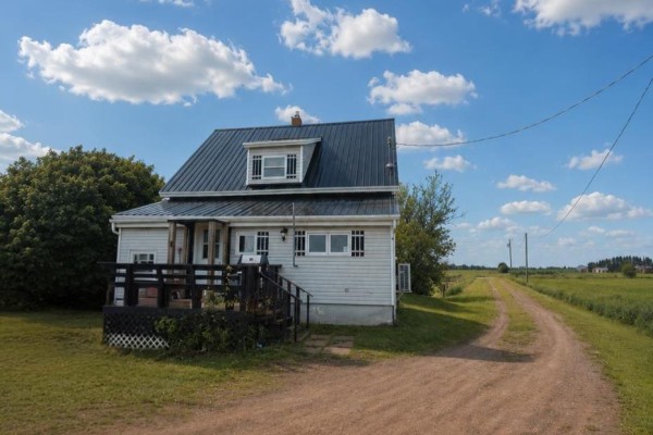 Front view of a light-colored house with a dark metal roof and a dirt driveway leading to open fields. - 764 Harper Road, Peterville
