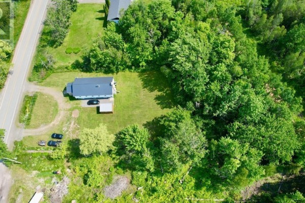 Aerial view of a residential property surrounded by trees, showing the house and paved driveway. - 7682 6 Highway, Port Howe