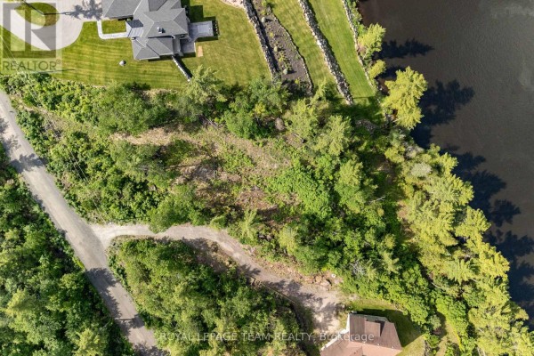 Overhead view of undeveloped land with winding paths, surrounded by lush green trees and a river. - 77 Carriage Landing Drive, Horton