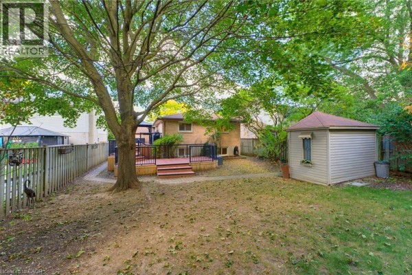 Backyard with a wooden deck, fence, mature trees, and a small storage shed. - 77 Yellow Birch Drive, Kitchener