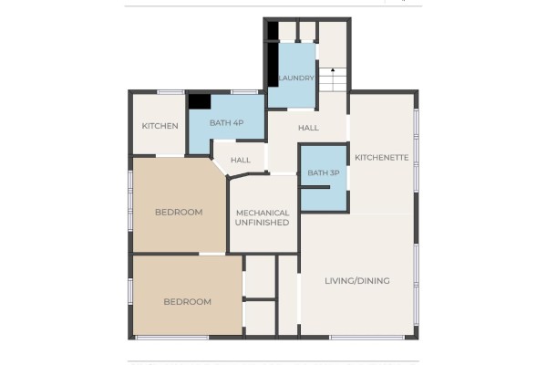 Floor plan of a house showing bedrooms, living/dining, kitchen, kitchenette, and bathrooms. - 7723 81 Av Nw, Edmonton