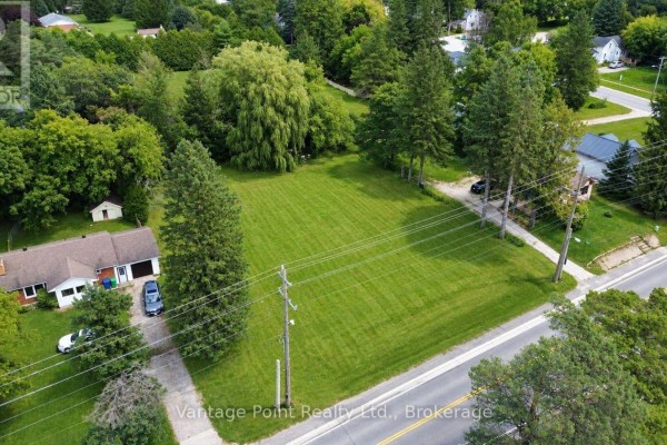 Aerial view of a vacant grassy lot with trees and a paved road on the right side. - 777009 10 Highway, Chatsworth