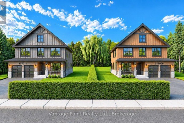 Architectural rendering of two modern houses side-by-side with manicured lawns and trees. - 777009 10 Highway, Chatsworth