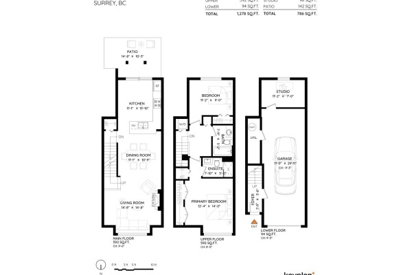 Floor plan showing three levels including living room, kitchen, bedrooms, bathroom, and garage. - 78 2979 156 Street, Surrey