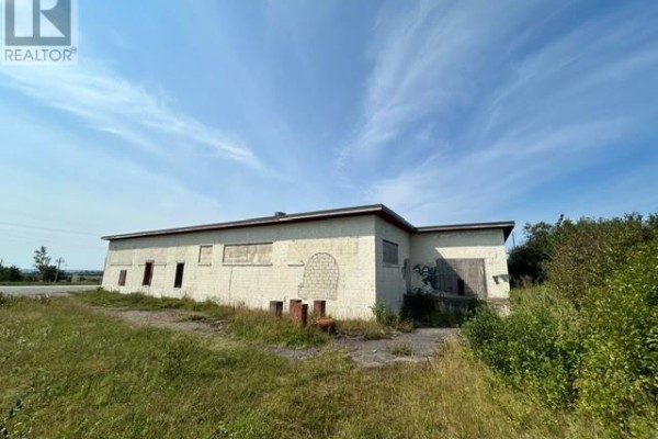 Back corner view of a white commercial building with boarded windows and overgrown grass. - 78 Missouri Drive, Stephenville
