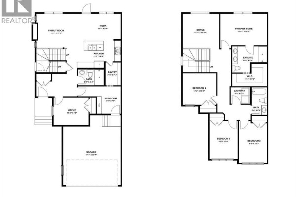 Floor plan of a duplex showing two levels with rooms labelled including kitchen, bedrooms, and bathrooms. - 78 Waterford Mews, Chestermere