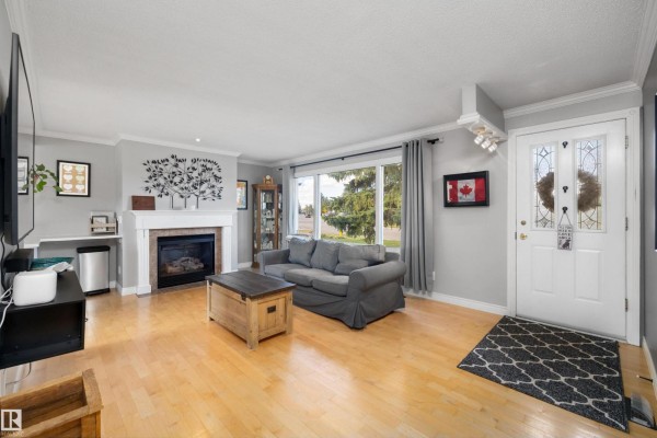 Living room with grey sofa, fireplace, wood floor, and large window with view. - 7807 134 Av Nw, Edmonton