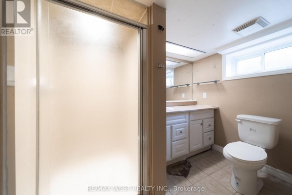 Bathroom with frosted shower, vanity, and toilet - 7826 Yonge Street Innisfil