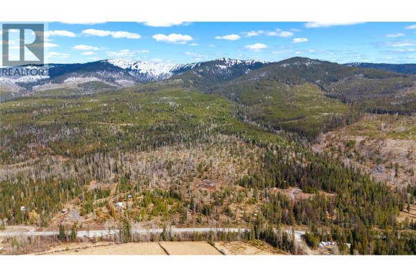 Aerial view of a vast landscape featuring wooded hillsides, a paved road, and snow-capped mountains in the distance under a cloudy sky. - 7904 Highway 3, Yahk