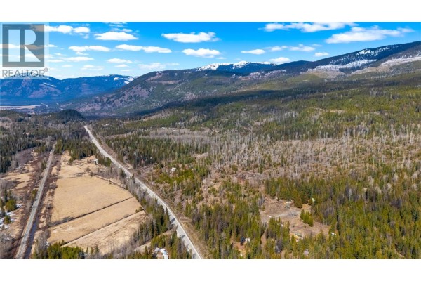 Expansive aerial view of a rural area with a road winding through dense forests and fields, leading towards distant snow-covered mountains. - 7904 Highway 3, Yahk