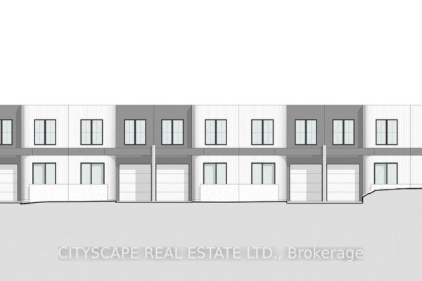Elevation drawing of a multi-unit residential building with two stories of windows and garage doors. - 791 Essa Road, Barrie