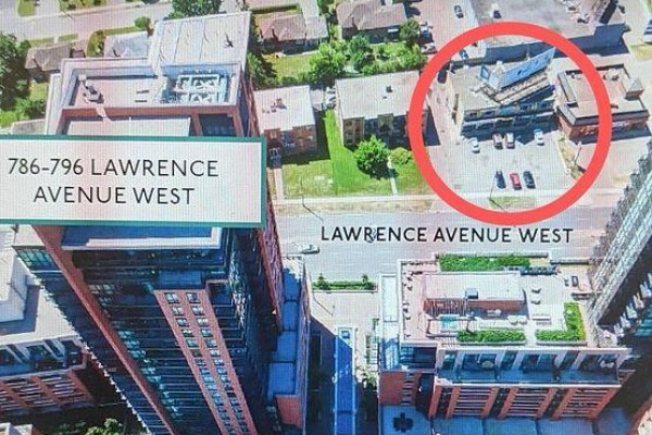 Aerial view of Lawrence Avenue West, showing commercial buildings and surrounding residential areas. - 791 Lawrence Avenue W, Toronto