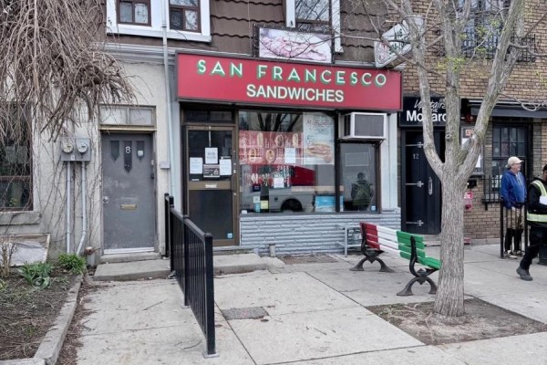 Street view of San Francisco Sandwiches storefront with signage, display window, and entrance. - 8-10 Clinton Street, Toronto