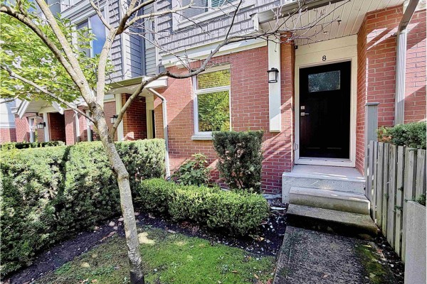 Front entrance of townhouse unit number 8 with brick facade and steps. - 8 9718 161a Street, Surrey